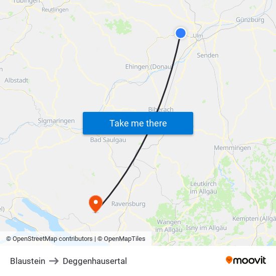 Blaustein to Deggenhausertal map