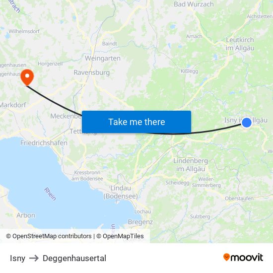 Isny to Deggenhausertal map