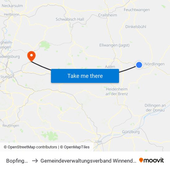 Bopfingen to Gemeindeverwaltungsverband Winnenden map