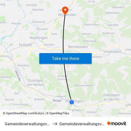 Gemeindeverwaltungsverband Plochingen to Gemeindeverwaltungsverband Winnenden map