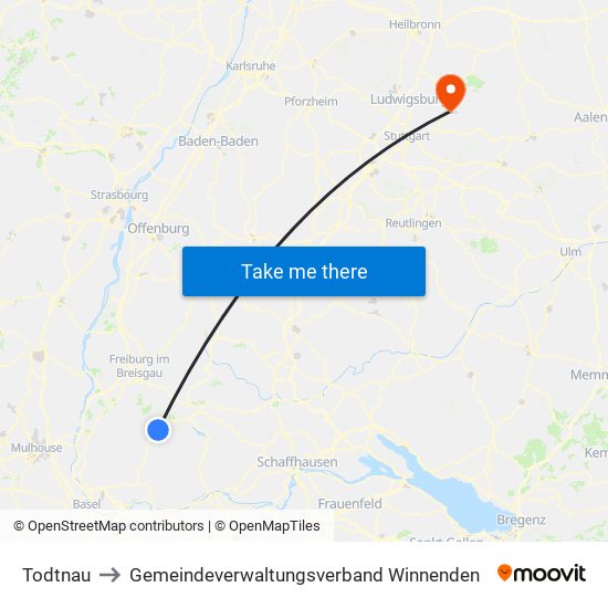 Todtnau to Gemeindeverwaltungsverband Winnenden map