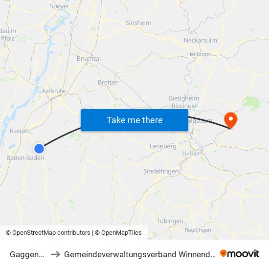Gaggenau to Gemeindeverwaltungsverband Winnenden map