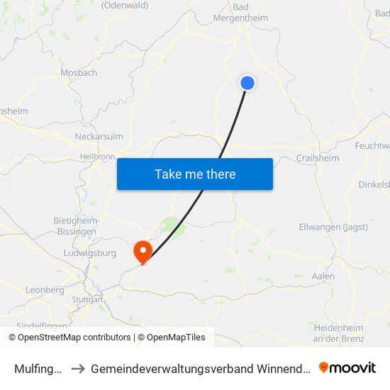 Mulfingen to Gemeindeverwaltungsverband Winnenden map