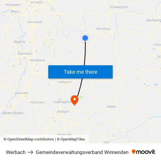 Werbach to Gemeindeverwaltungsverband Winnenden map