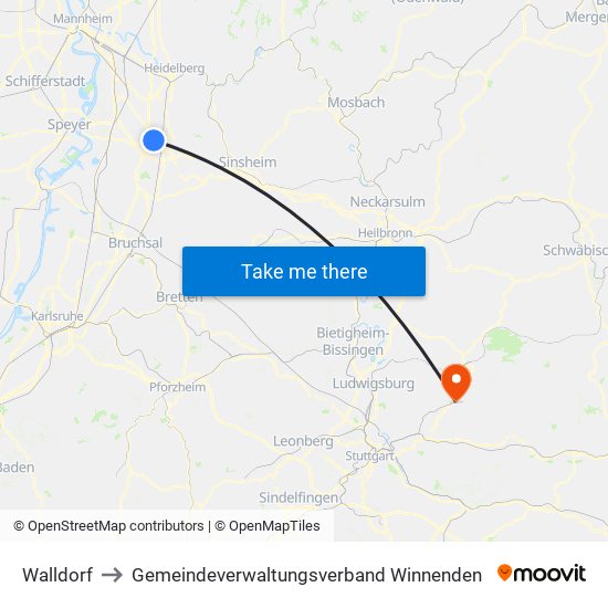 Walldorf to Gemeindeverwaltungsverband Winnenden map