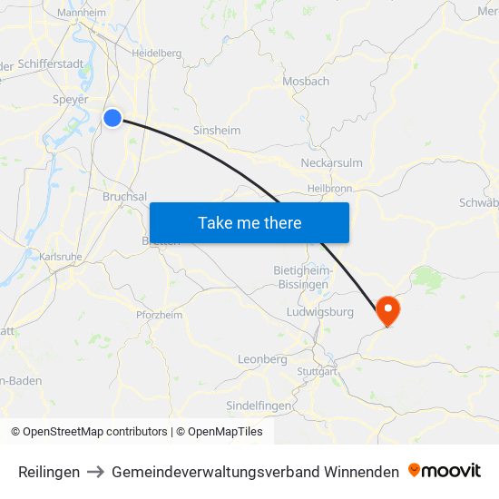Reilingen to Gemeindeverwaltungsverband Winnenden map
