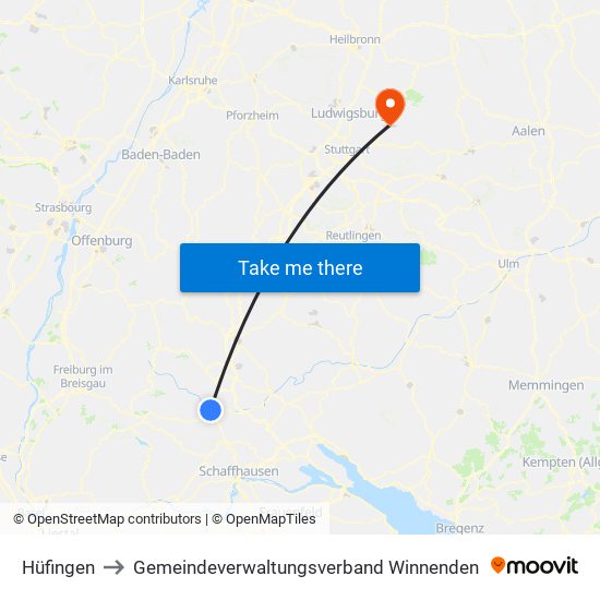 Hüfingen to Gemeindeverwaltungsverband Winnenden map