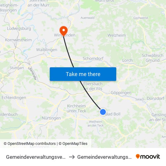 Gemeindeverwaltungsverband Raum Bad Boll to Gemeindeverwaltungsverband Winnenden map