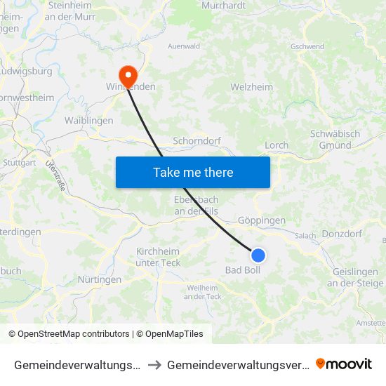 Gemeindeverwaltungsverband Voralb to Gemeindeverwaltungsverband Winnenden map