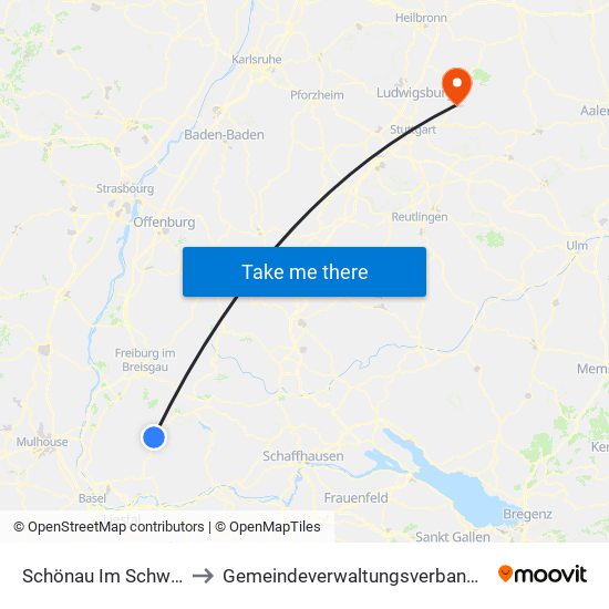 Schönau Im Schwarzwald to Gemeindeverwaltungsverband Winnenden map