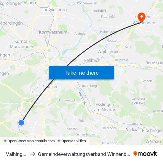 Vaihingen to Gemeindeverwaltungsverband Winnenden map