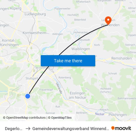 Degerloch to Gemeindeverwaltungsverband Winnenden map
