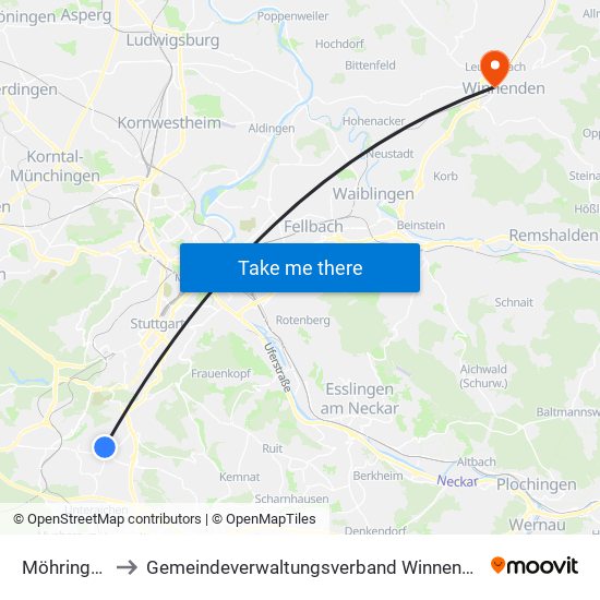 Möhringen to Gemeindeverwaltungsverband Winnenden map