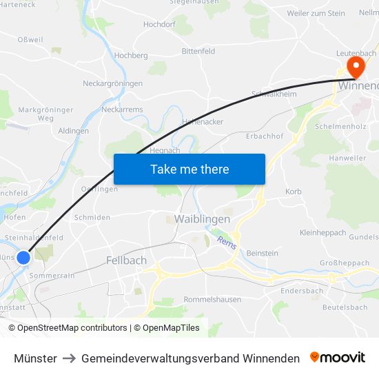 Münster to Gemeindeverwaltungsverband Winnenden map