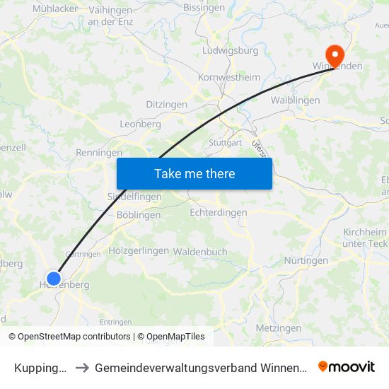 Kuppingen to Gemeindeverwaltungsverband Winnenden map