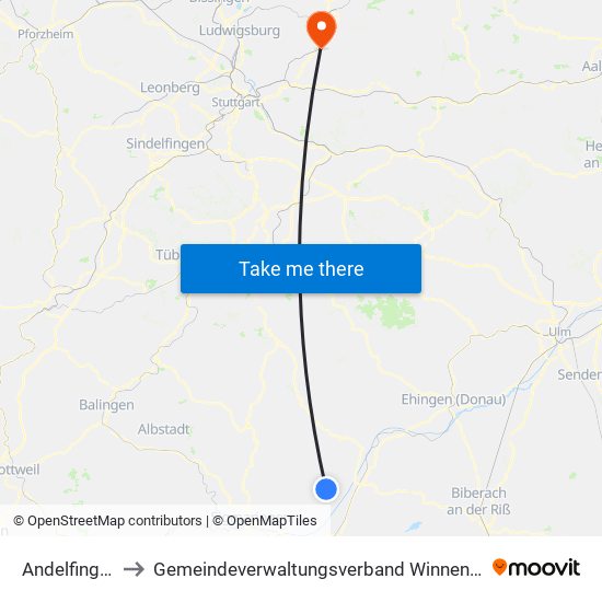 Andelfingen to Gemeindeverwaltungsverband Winnenden map