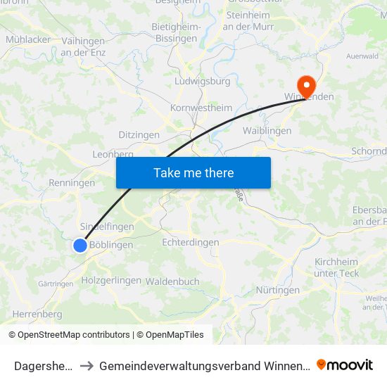 Dagersheim to Gemeindeverwaltungsverband Winnenden map