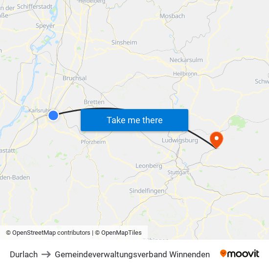 Durlach to Gemeindeverwaltungsverband Winnenden map
