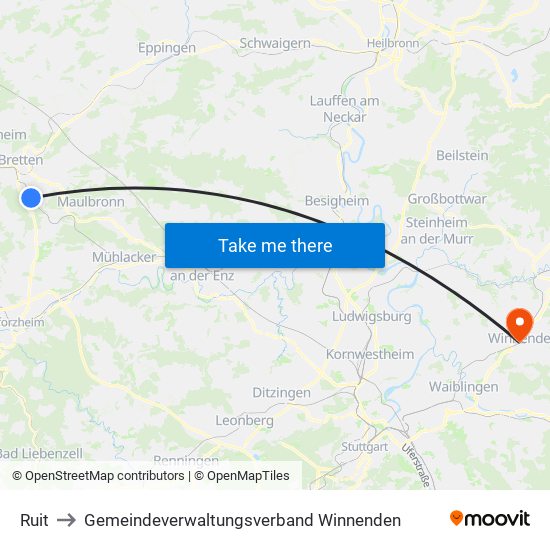 Ruit to Gemeindeverwaltungsverband Winnenden map