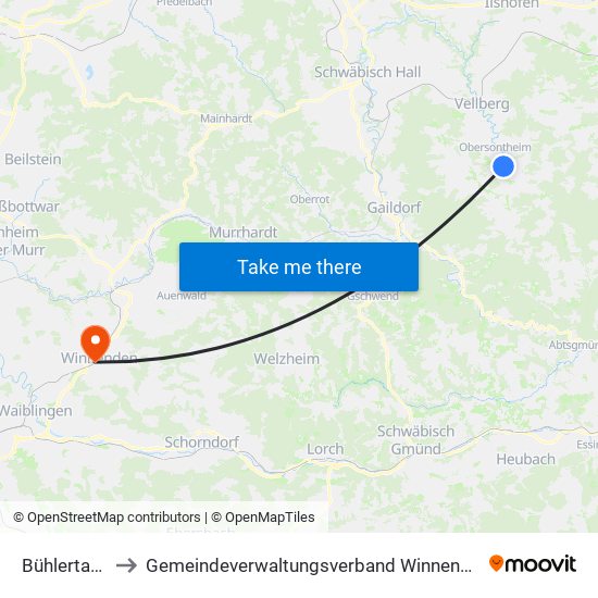 Bühlertann to Gemeindeverwaltungsverband Winnenden map