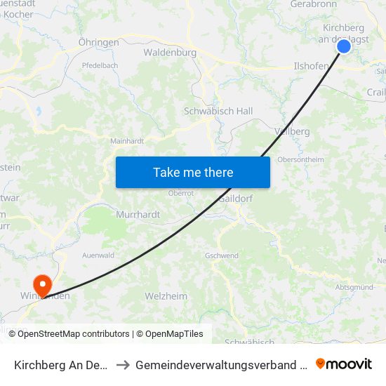 Kirchberg An Der Jagst to Gemeindeverwaltungsverband Winnenden map