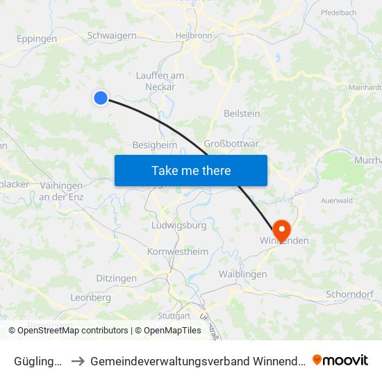 Güglingen to Gemeindeverwaltungsverband Winnenden map