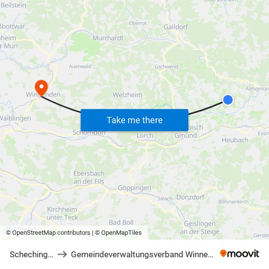 Schechingen to Gemeindeverwaltungsverband Winnenden map