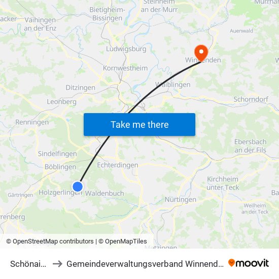 Schönaich to Gemeindeverwaltungsverband Winnenden map