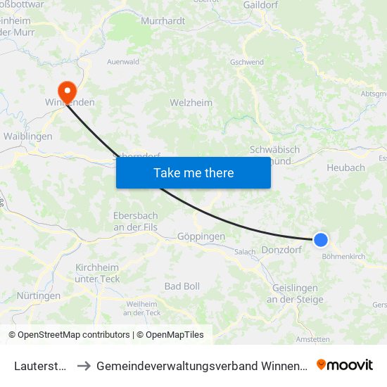 Lauterstein to Gemeindeverwaltungsverband Winnenden map