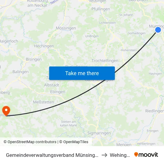 Gemeindeverwaltungsverband Münsingen to Wehingen map