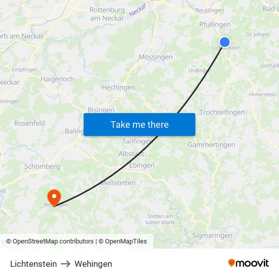 Lichtenstein to Wehingen map