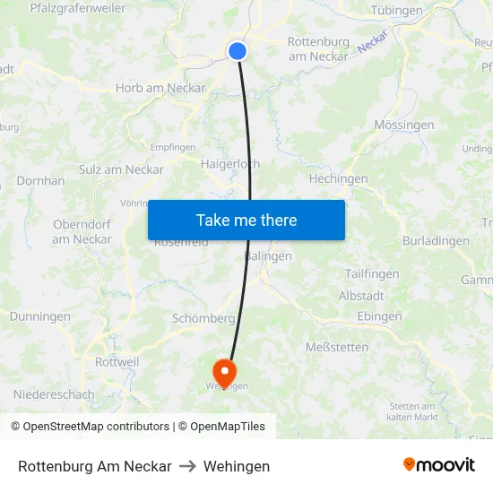 Rottenburg Am Neckar to Wehingen map