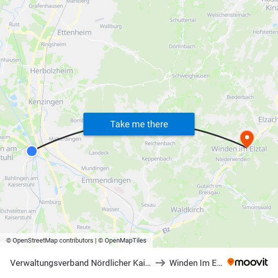 Verwaltungsverband Nördlicher Kaiserstuhl to Winden Im Elztal map