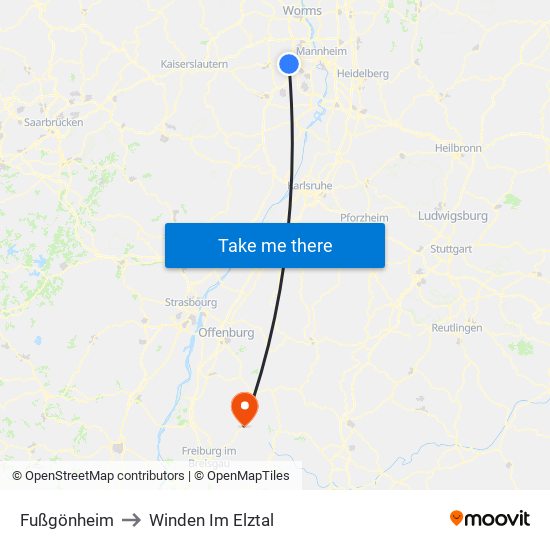 Fußgönheim to Winden Im Elztal map