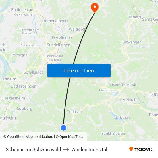 Schönau Im Schwarzwald to Winden Im Elztal map