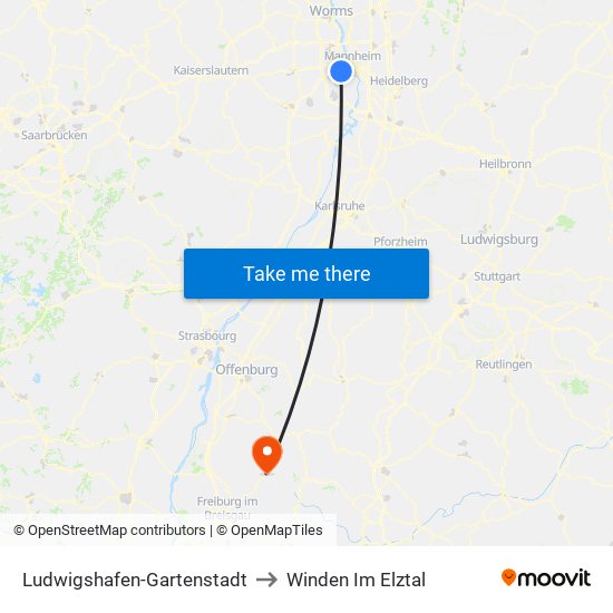 Ludwigshafen-Gartenstadt to Winden Im Elztal map