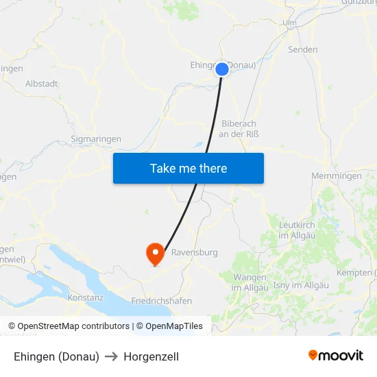 Ehingen (Donau) to Horgenzell map