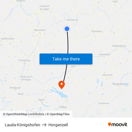 Lauda-Königshofen to Horgenzell map