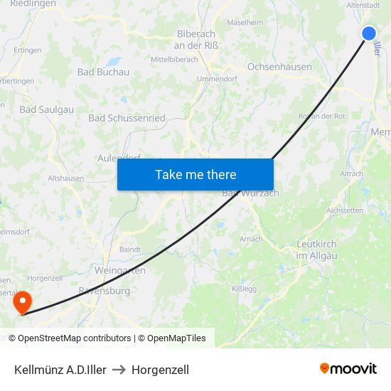 Kellmünz A.D.Iller to Horgenzell map