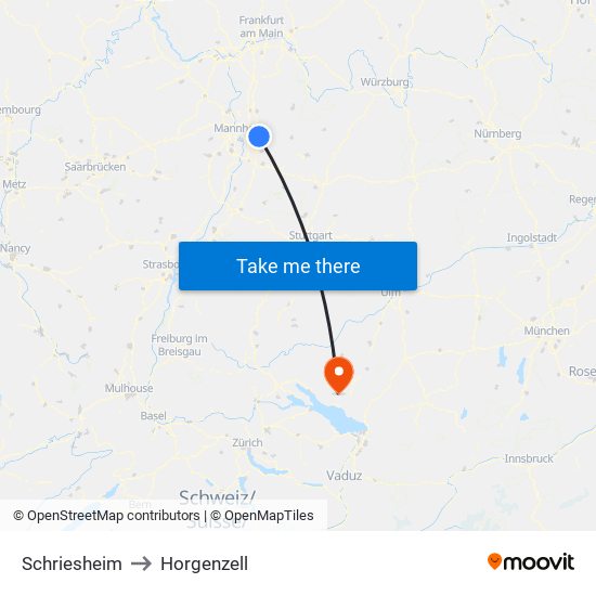 Schriesheim to Horgenzell map