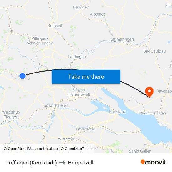 Löffingen (Kernstadt) to Horgenzell map