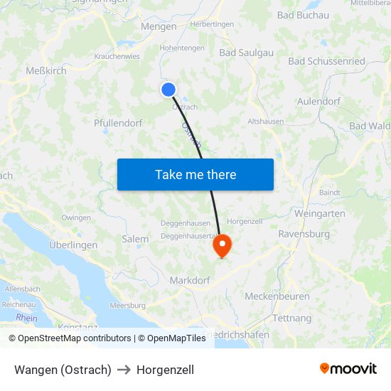 Wangen (Ostrach) to Horgenzell map