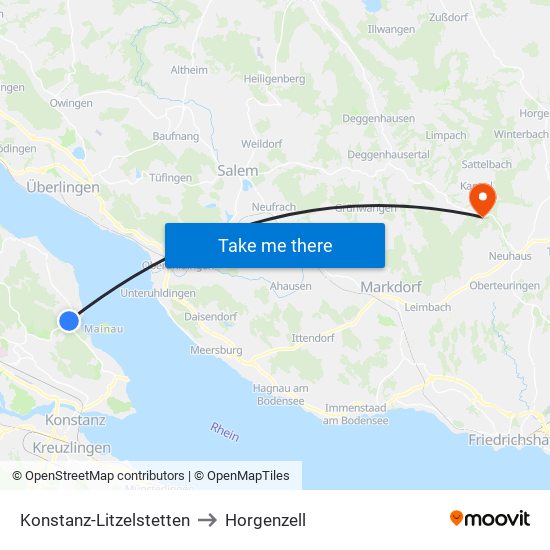 Konstanz-Litzelstetten to Horgenzell map