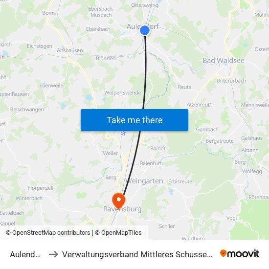 Aulendorf to Verwaltungsverband Mittleres Schussental map