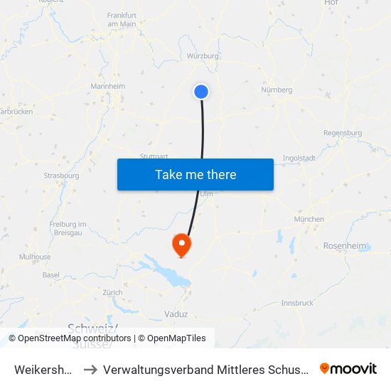 Weikersheim to Verwaltungsverband Mittleres Schussental map