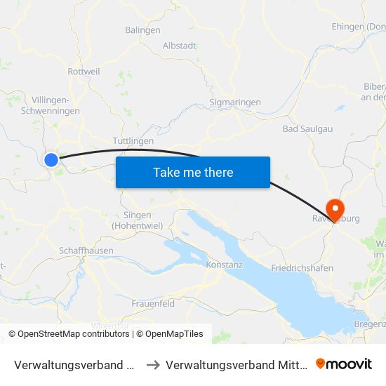Verwaltungsverband Donaueschingen to Verwaltungsverband Mittleres Schussental map