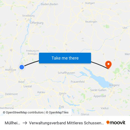 Müllheim to Verwaltungsverband Mittleres Schussental map