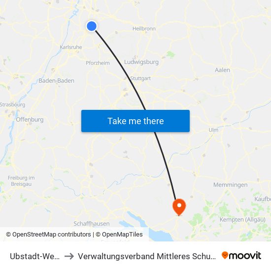 Ubstadt-Weiher to Verwaltungsverband Mittleres Schussental map