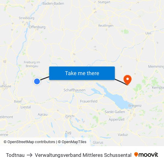 Todtnau to Verwaltungsverband Mittleres Schussental map