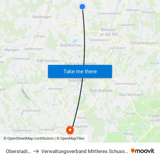 Oberstadion to Verwaltungsverband Mittleres Schussental map